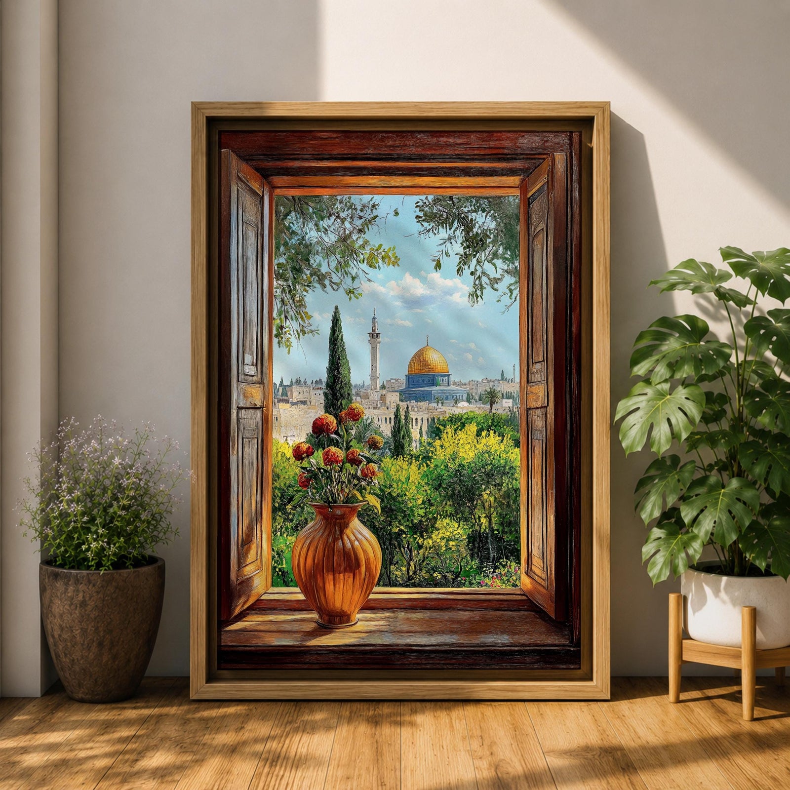 Painting of the Dome of the Rock in Jerusalem viewed through an open wooden window with a vase of flowers on the sill, overlooking green gardens and the golden dome rising above the historic Islamic shrine.