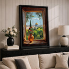 Painting of the Dome of the Rock in Jerusalem viewed through an open wooden window with a vase of flowers on the sill, overlooking green gardens and the golden dome rising above the historic Islamic shrine.