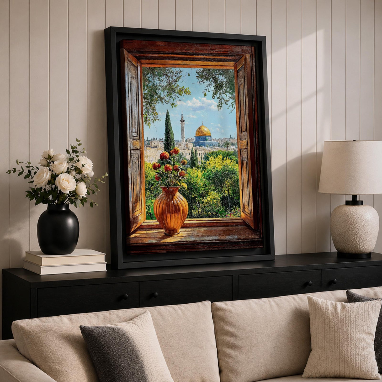 Painting of the Dome of the Rock in Jerusalem viewed through an open wooden window with a vase of flowers on the sill, overlooking green gardens and the golden dome rising above the historic Islamic shrine.