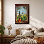 Painting of the Dome of the Rock in Jerusalem viewed through an open wooden window with a vase of flowers on the sill, overlooking green gardens and the golden dome rising above the historic Islamic shrine.