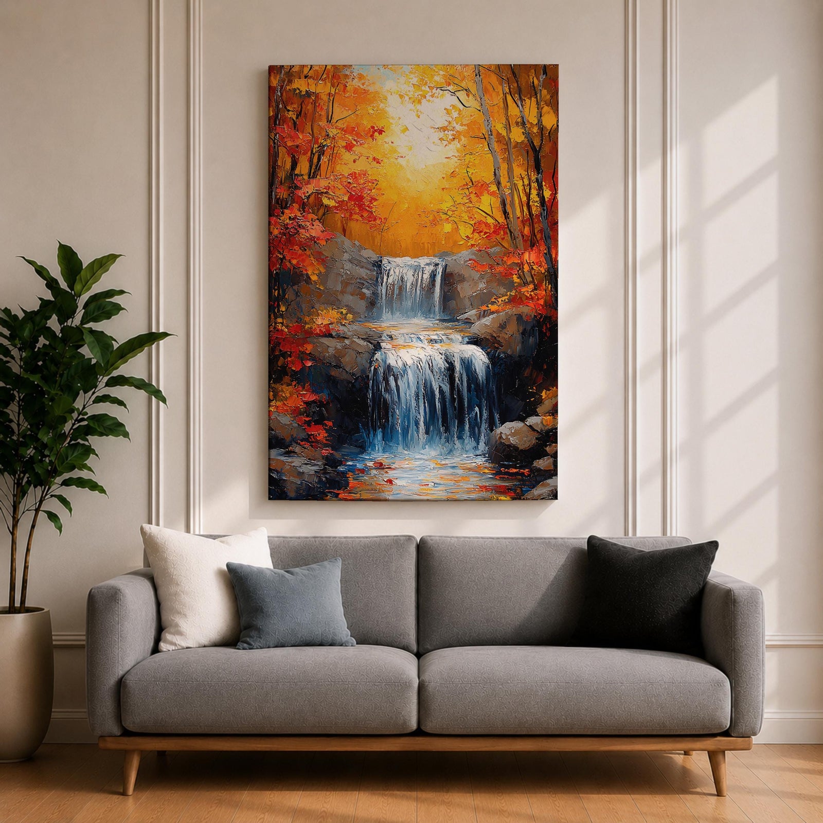 A framed canvas painting of a Autumn waterfall cascading over rocks surrounded by lush fall forest foliage, rendered in a realistic style with detailed water flow and natural elements, capturing the serene beauty of a fall forest landscape.