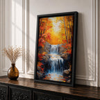 A framed canvas painting of a Autumn waterfall cascading over rocks surrounded by lush fall forest foliage, rendered in a realistic style with detailed water flow and natural elements, capturing the serene beauty of a fall forest landscape.