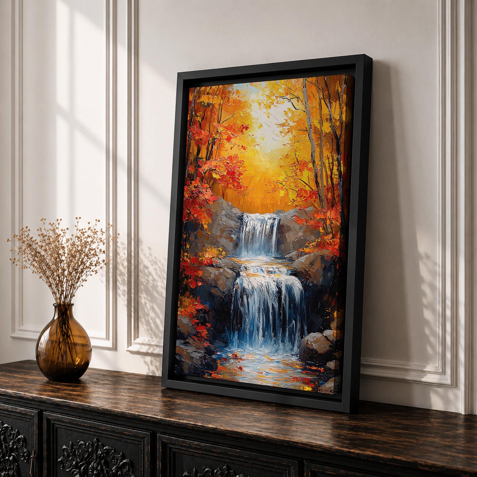 A framed canvas painting of a Autumn waterfall cascading over rocks surrounded by lush fall forest foliage, rendered in a realistic style with detailed water flow and natural elements, capturing the serene beauty of a fall forest landscape.