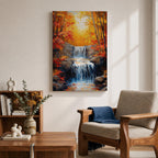 A framed canvas painting of a Autumn waterfall cascading over rocks surrounded by lush fall forest foliage, rendered in a realistic style with detailed water flow and natural elements, capturing the serene beauty of a fall forest landscape.