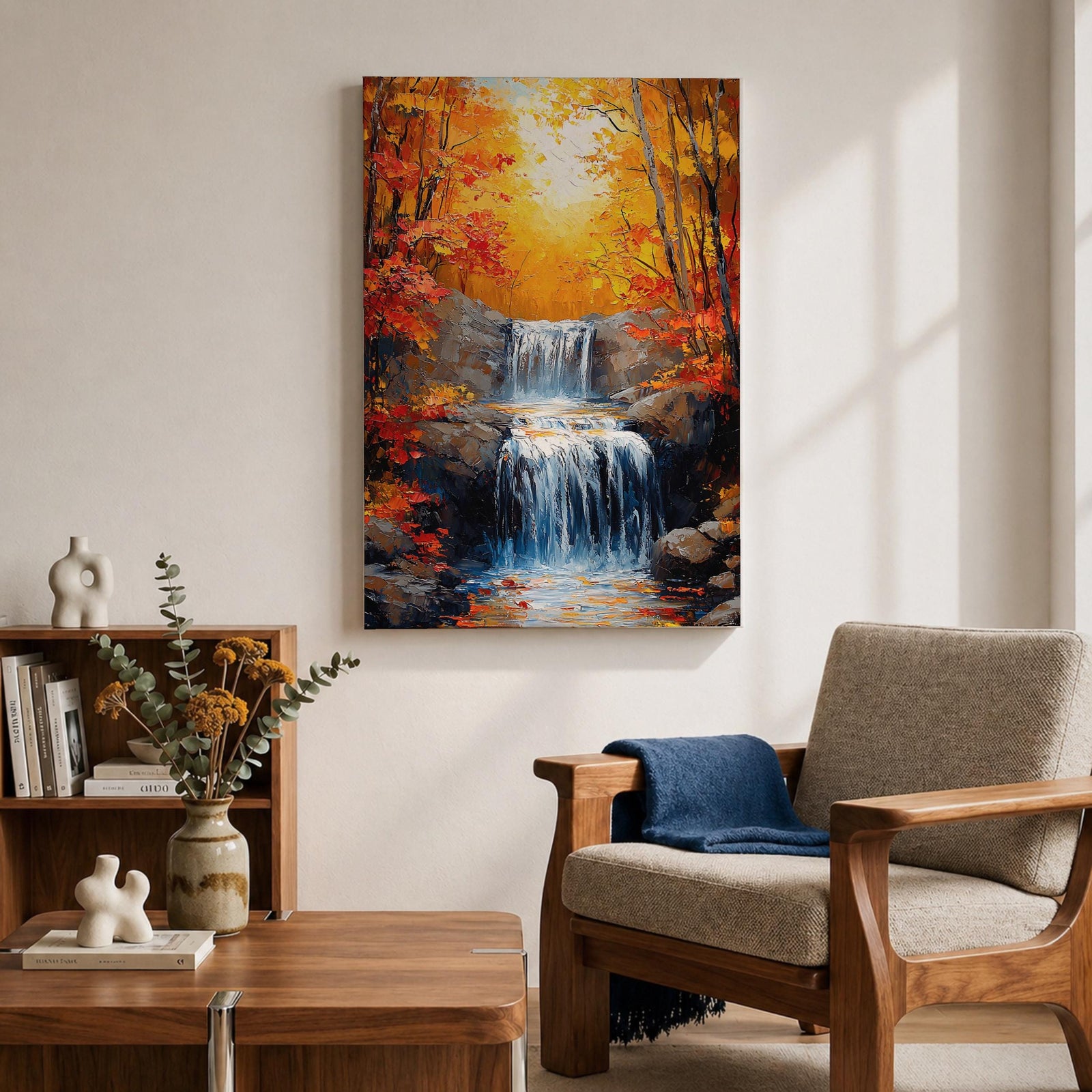 A framed canvas painting of a Autumn waterfall cascading over rocks surrounded by lush fall forest foliage, rendered in a realistic style with detailed water flow and natural elements, capturing the serene beauty of a fall forest landscape.