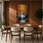 A framed canvas painting of a Autumn waterfall cascading over rocks surrounded by lush fall forest foliage, rendered in a realistic style with detailed water flow and natural elements, capturing the serene beauty of a fall forest landscape.