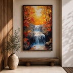 A framed canvas painting of a Autumn waterfall cascading over rocks surrounded by lush fall forest foliage, rendered in a realistic style with detailed water flow and natural elements, capturing the serene beauty of a fall forest landscape.