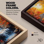 A framed canvas painting of a Autumn waterfall cascading over rocks surrounded by lush fall forest foliage, rendered in a realistic style with detailed water flow and natural elements, capturing the serene beauty of a fall forest landscape.