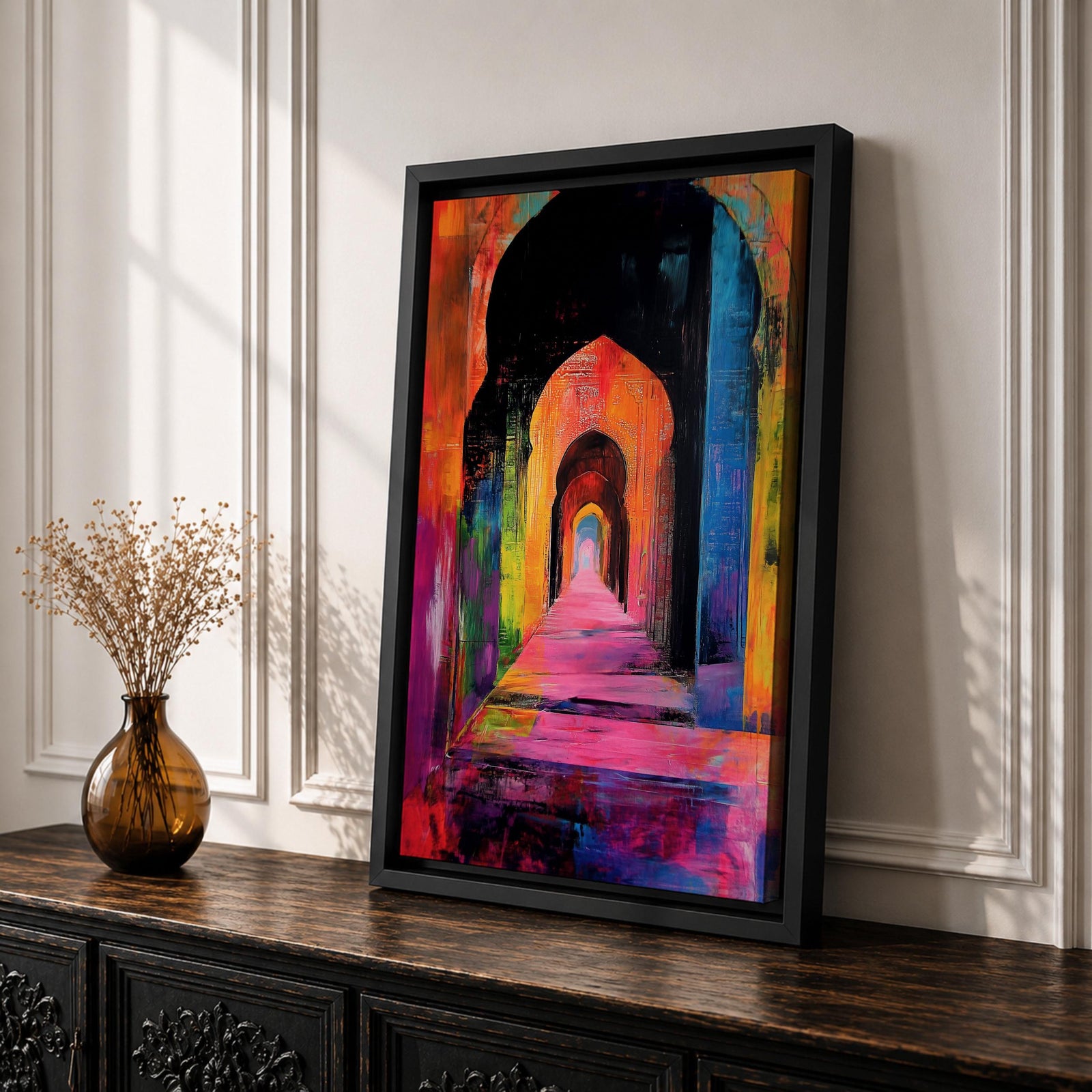 Colorful abstract painting of a mosque corridor with repeating Moorish arches forming a long architectural hallway, rendered in vibrant reds, blues, yellows, and pinks with expressive brush textures and dramatic depth perspective.