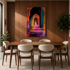 Colorful abstract painting of a mosque corridor with repeating Moorish arches forming a long architectural hallway, rendered in vibrant reds, blues, yellows, and pinks with expressive brush textures and dramatic depth perspective.
