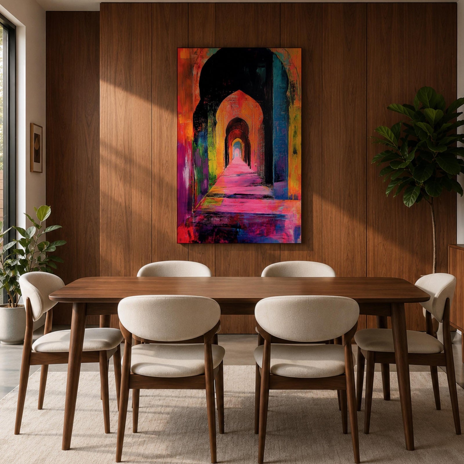 Colorful abstract painting of a mosque corridor with repeating Moorish arches forming a long architectural hallway, rendered in vibrant reds, blues, yellows, and pinks with expressive brush textures and dramatic depth perspective.
