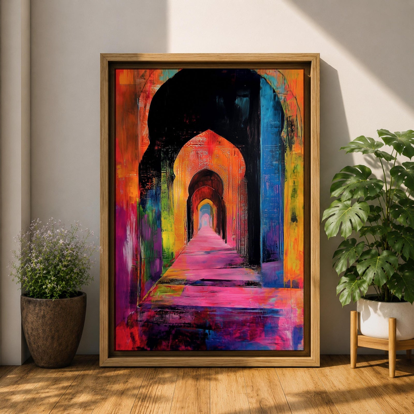 Colorful abstract painting of a mosque corridor with repeating Moorish arches forming a long architectural hallway, rendered in vibrant reds, blues, yellows, and pinks with expressive brush textures and dramatic depth perspective.