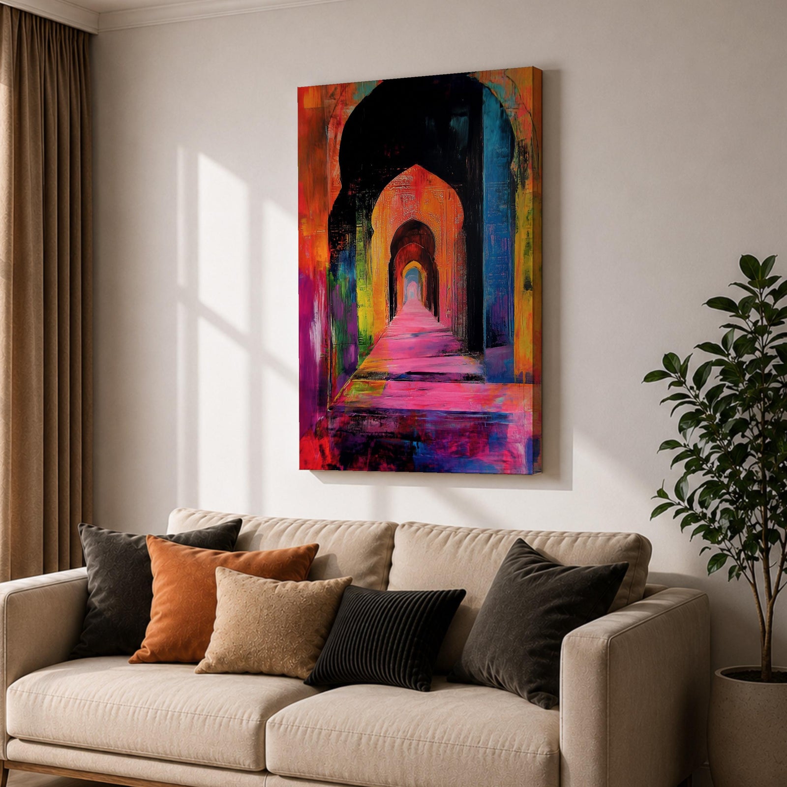 Colorful abstract painting of a mosque corridor with repeating Moorish arches forming a long architectural hallway, rendered in vibrant reds, blues, yellows, and pinks with expressive brush textures and dramatic depth perspective.