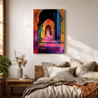 Colorful abstract painting of a mosque corridor with repeating Moorish arches forming a long architectural hallway, rendered in vibrant reds, blues, yellows, and pinks with expressive brush textures and dramatic depth perspective.