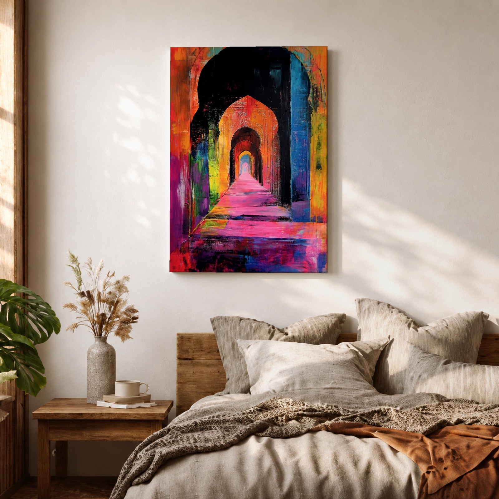 Colorful abstract painting of a mosque corridor with repeating Moorish arches forming a long architectural hallway, rendered in vibrant reds, blues, yellows, and pinks with expressive brush textures and dramatic depth perspective.