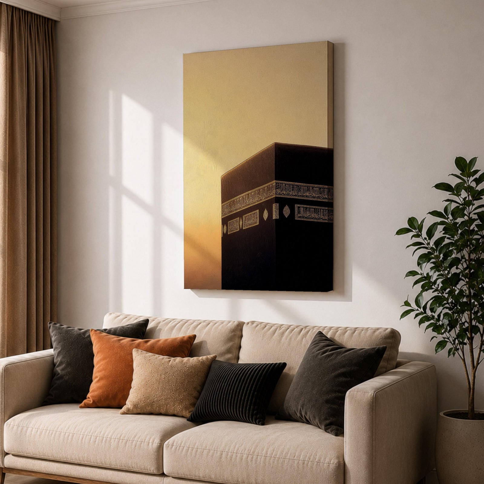 Minimalist artwork of the Kaaba at Masjid Al Haram in Mecca showing the black cubic shrine with gold calligraphy bands against a dramatic golden sunset sky and soft clouds.