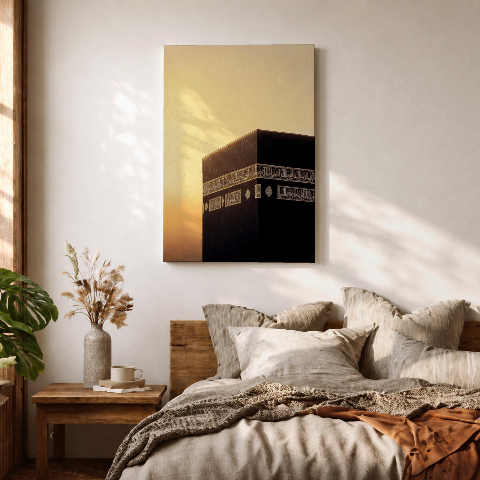 Minimalist artwork of the Kaaba at Masjid Al Haram in Mecca showing the black cubic shrine with gold calligraphy bands against a dramatic golden sunset sky and soft clouds.