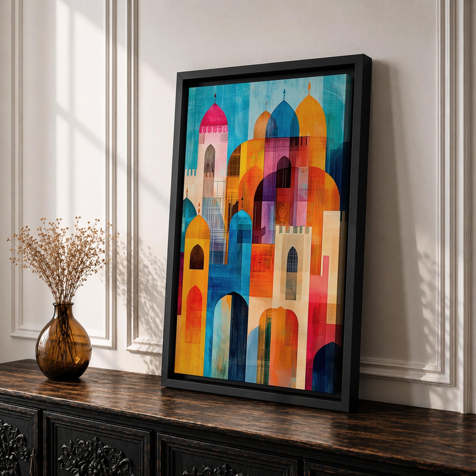 Colorful abstract artwork featuring layered mosque domes, arches, and minarets in vibrant blue, orange, red, and yellow tones, forming a stylized Islamic architectural skyline.