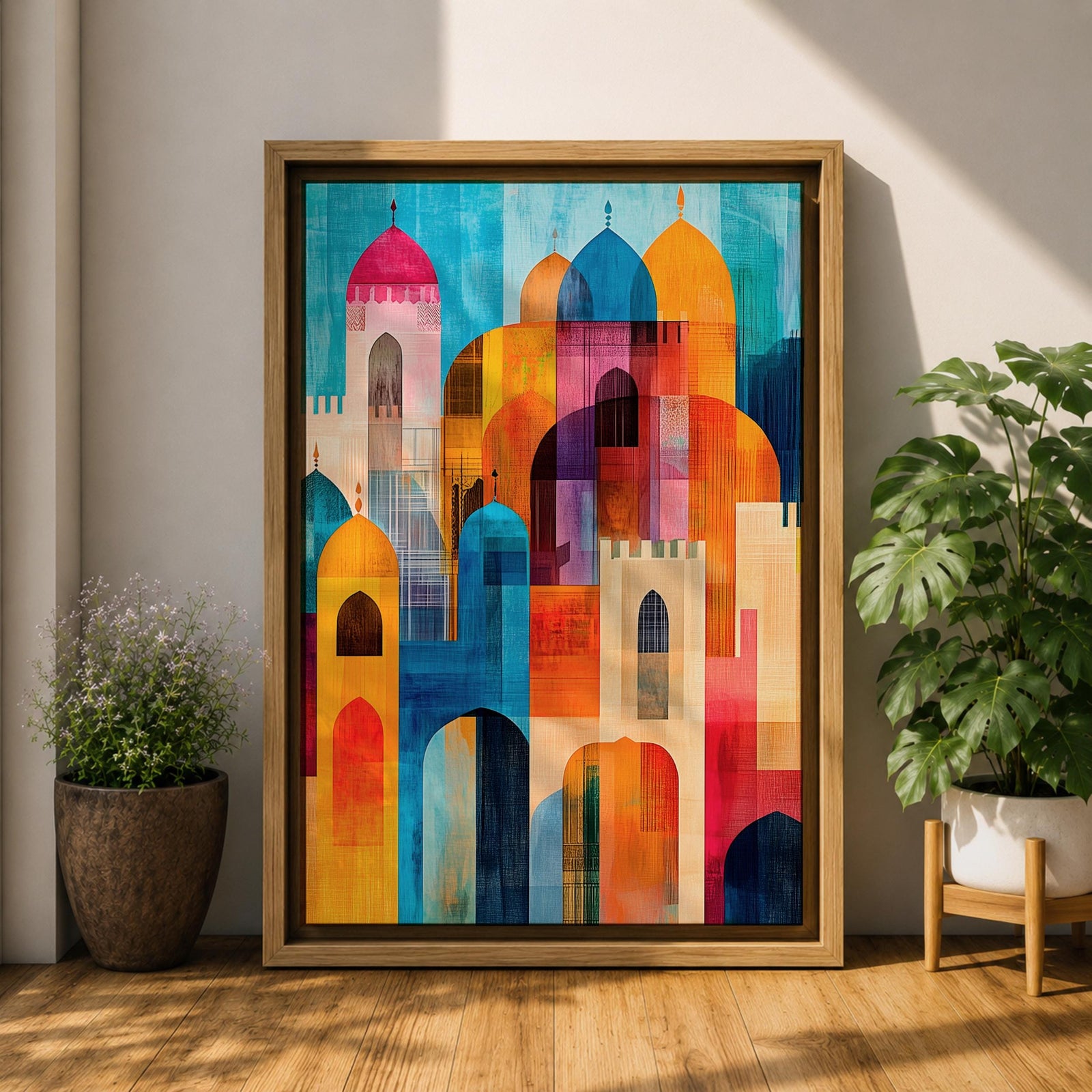 Colorful abstract artwork featuring layered mosque domes, arches, and minarets in vibrant blue, orange, red, and yellow tones, forming a stylized Islamic architectural skyline.