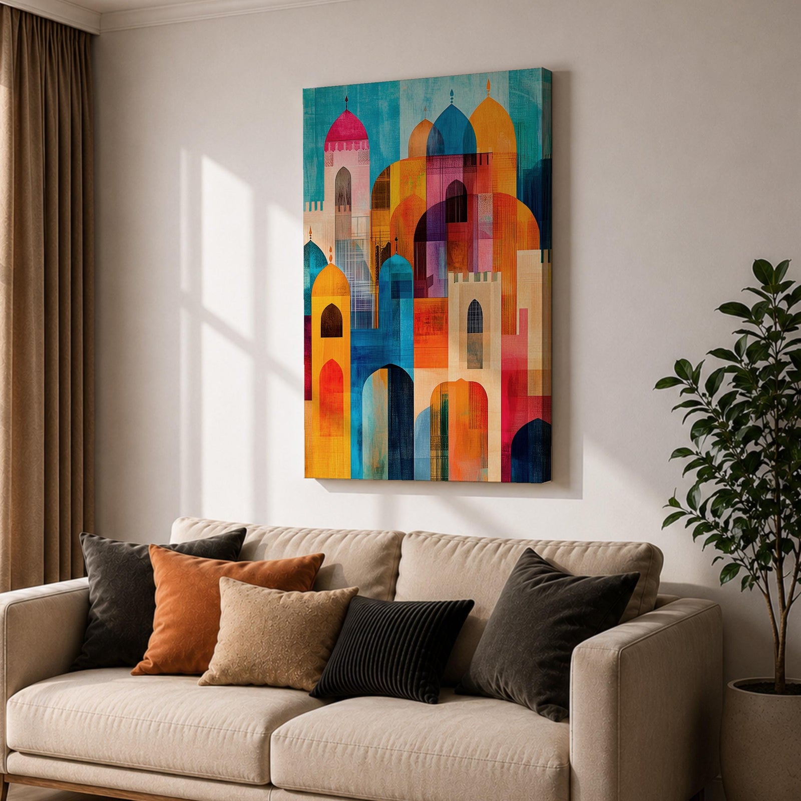 Colorful abstract artwork featuring layered mosque domes, arches, and minarets in vibrant blue, orange, red, and yellow tones, forming a stylized Islamic architectural skyline.