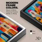 Colorful abstract artwork featuring layered mosque domes, arches, and minarets in vibrant blue, orange, red, and yellow tones, forming a stylized Islamic architectural skyline.