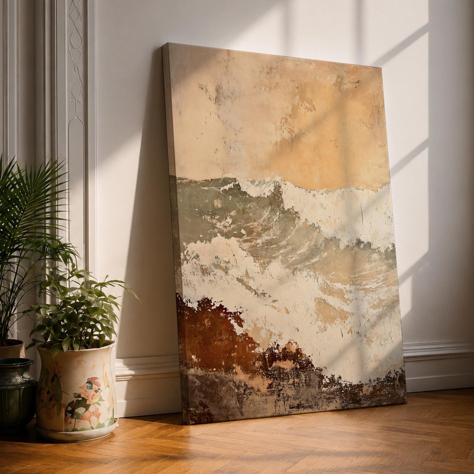 A framed canvas artwork depicting a coastal wave in abstract style with textured brush strokes and rustic elements, capturing the dynamic motion of ocean waves with layered earthy tones and soft highlights.