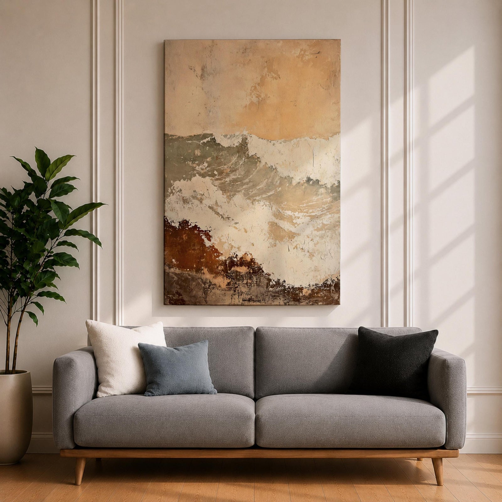 A framed canvas artwork depicting a coastal wave in abstract style with textured brush strokes and rustic elements, capturing the dynamic motion of ocean waves with layered earthy tones and soft highlights.