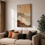 A framed canvas artwork depicting a coastal wave in abstract style with textured brush strokes and rustic elements, capturing the dynamic motion of ocean waves with layered earthy tones and soft highlights.