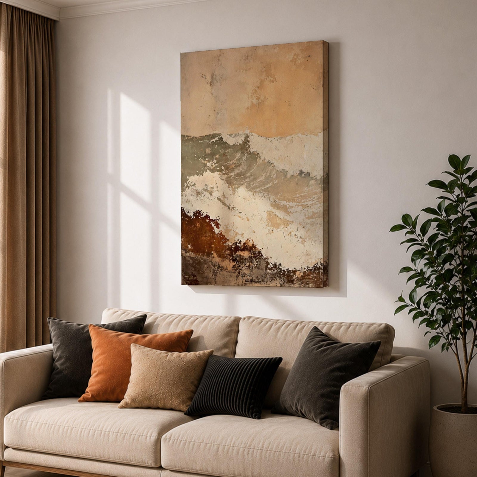 A framed canvas artwork depicting a coastal wave in abstract style with textured brush strokes and rustic elements, capturing the dynamic motion of ocean waves with layered earthy tones and soft highlights.
