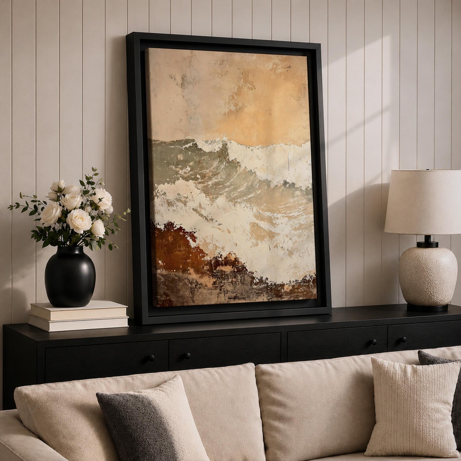 A framed canvas artwork depicting a coastal wave in abstract style with textured brush strokes and rustic elements, capturing the dynamic motion of ocean waves with layered earthy tones and soft highlights.