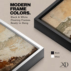 A framed canvas artwork depicting a coastal wave in abstract style with textured brush strokes and rustic elements, capturing the dynamic motion of ocean waves with layered earthy tones and soft highlights.