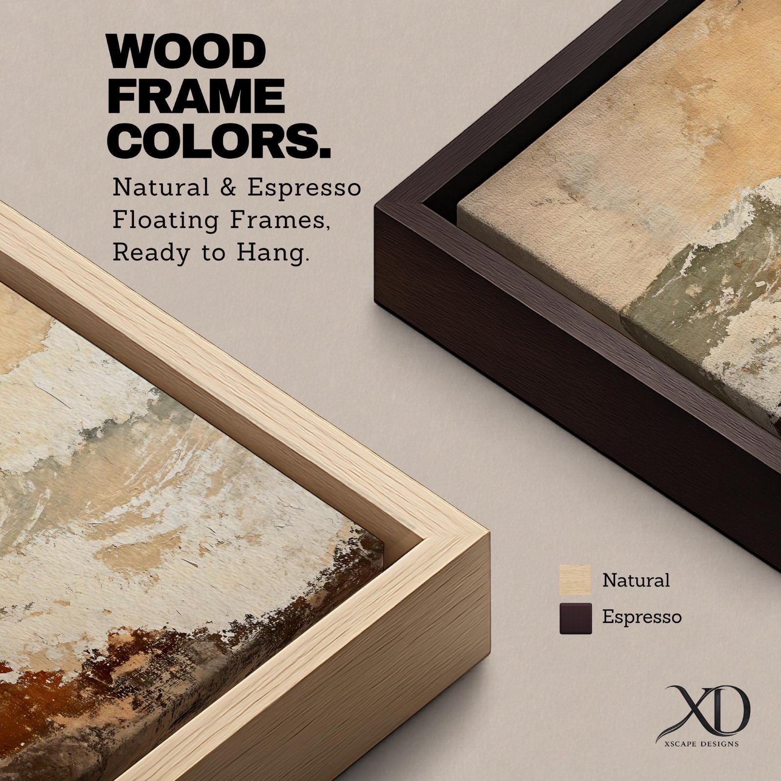 A framed canvas artwork depicting a coastal wave in abstract style with textured brush strokes and rustic elements, capturing the dynamic motion of ocean waves with layered earthy tones and soft highlights.