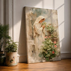 Soft vintage style painting of the Virgin Mary standing in prayer beside blooming garden flowers, wearing a white veil and robe while gently holding a small blossom, surrounded by pastel greenery and delicate pink flowers in a serene devotional garden scene.