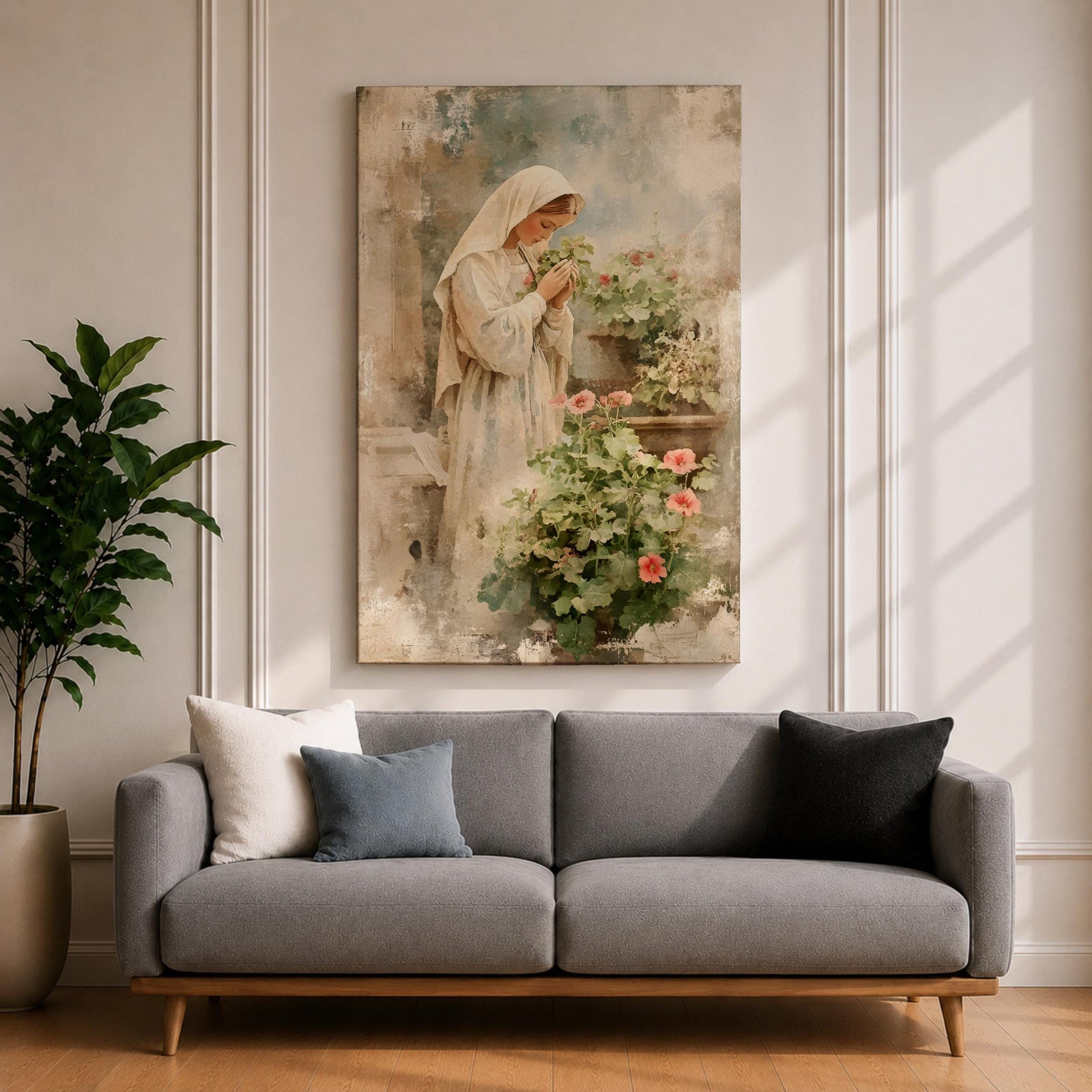 Soft vintage style painting of the Virgin Mary standing in prayer beside blooming garden flowers, wearing a white veil and robe while gently holding a small blossom, surrounded by pastel greenery and delicate pink flowers in a serene devotional garden scene.