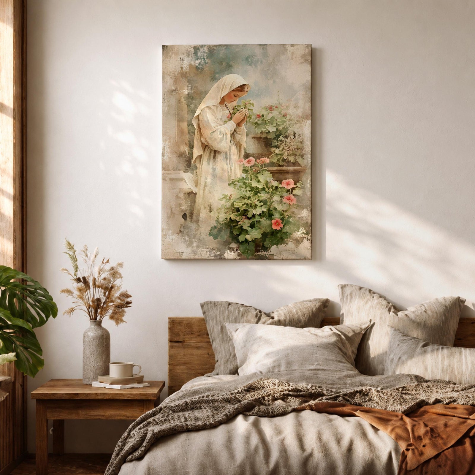 Soft vintage style painting of the Virgin Mary standing in prayer beside blooming garden flowers, wearing a white veil and robe while gently holding a small blossom, surrounded by pastel greenery and delicate pink flowers in a serene devotional garden scene.
