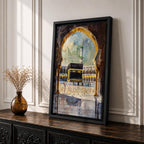Watercolor-style painting of the Kaaba at Masjid Al Haram in Mecca viewed through a large mosque archway, with pilgrims standing in the courtyard and a tall minaret rising behind the sacred shrine.