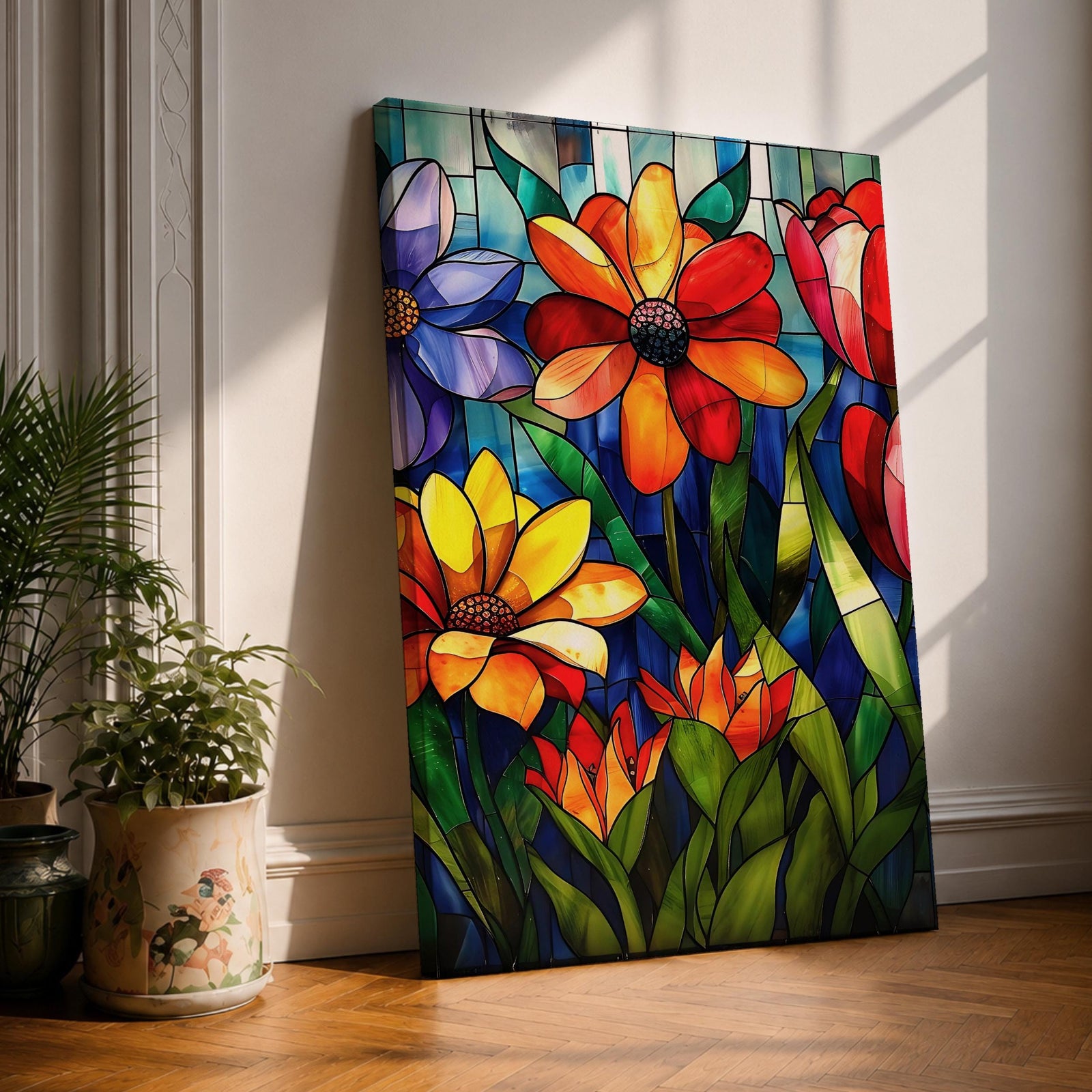This artwork features a vibrant stained glass style composition of various flowers including daisies and tulips with rich green leaves and a blue background. The design mimics colorful glass panels pieced together to create a botanical floral scene with bold outlines and vivid colors.