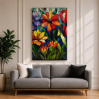 This artwork features a vibrant stained glass style composition of various flowers including daisies and tulips with rich green leaves and a blue background. The design mimics colorful glass panels pieced together to create a botanical floral scene with bold outlines and vivid colors.