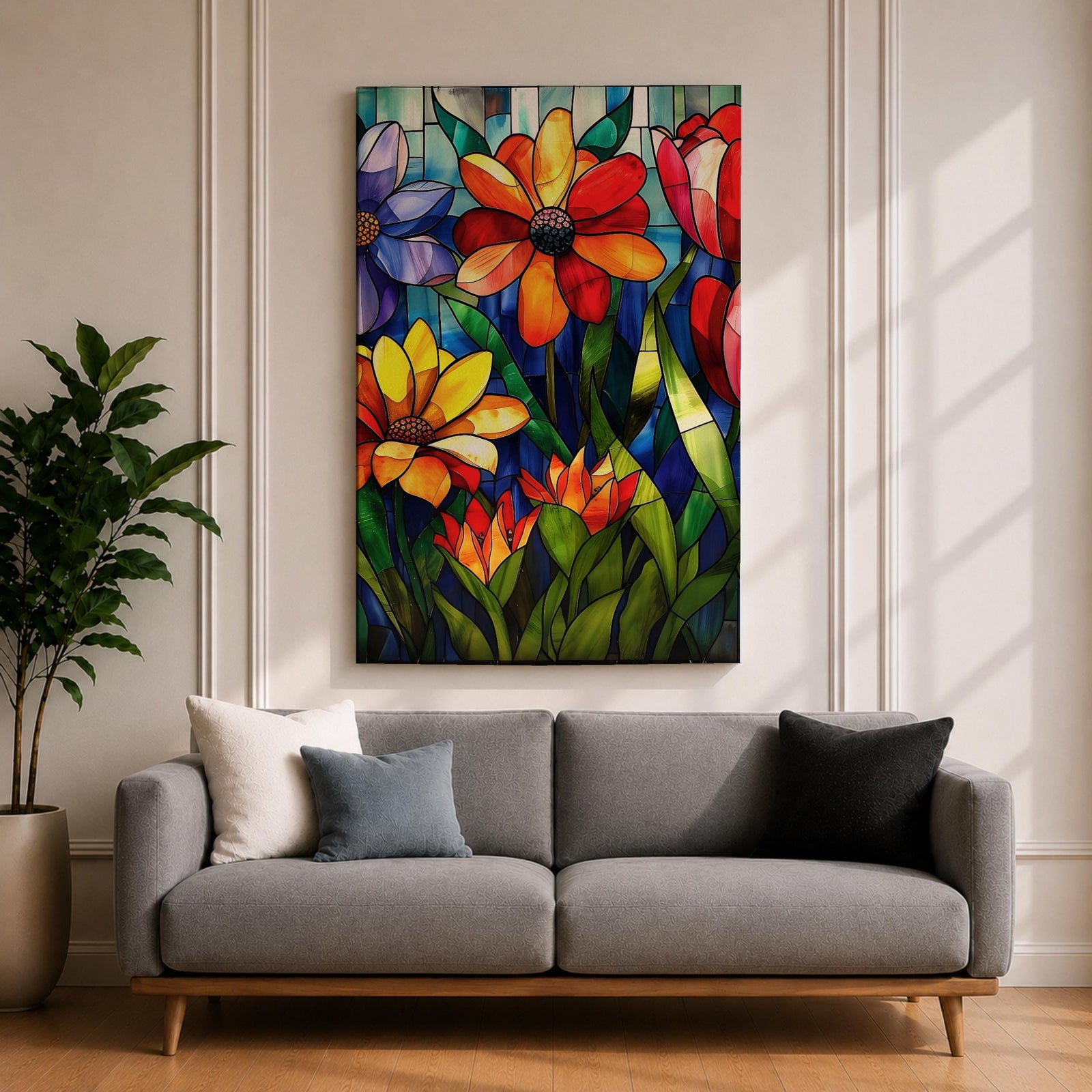 This artwork features a vibrant stained glass style composition of various flowers including daisies and tulips with rich green leaves and a blue background. The design mimics colorful glass panels pieced together to create a botanical floral scene with bold outlines and vivid colors.