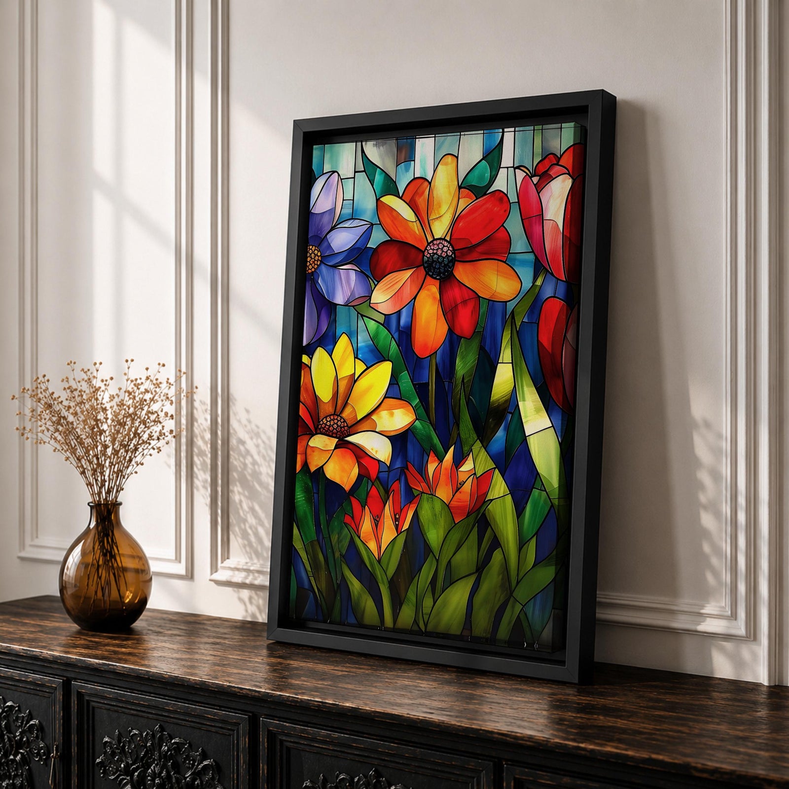 This artwork features a vibrant stained glass style composition of various flowers including daisies and tulips with rich green leaves and a blue background. The design mimics colorful glass panels pieced together to create a botanical floral scene with bold outlines and vivid colors.