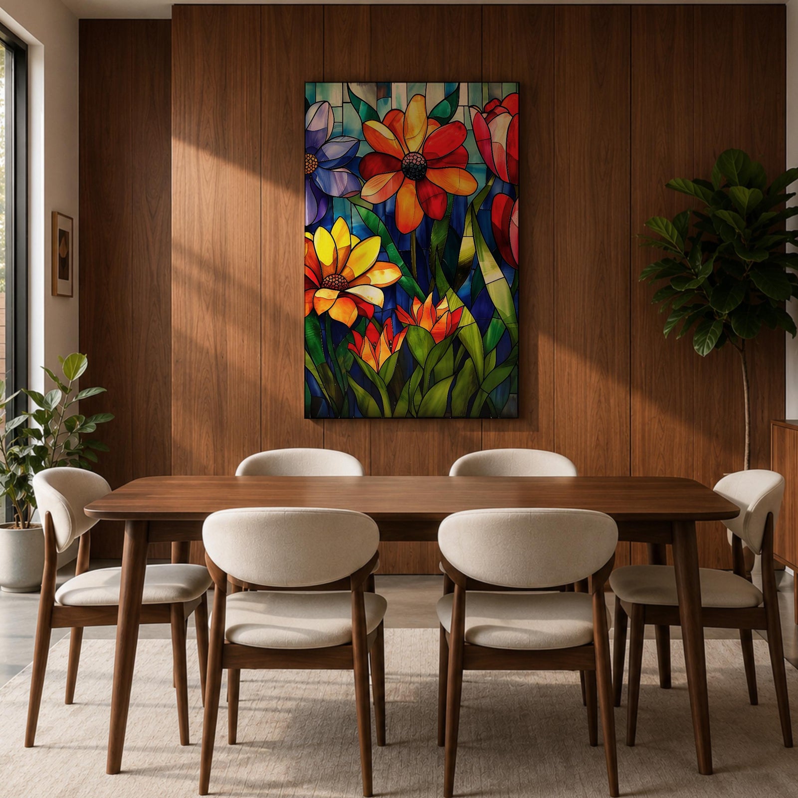This artwork features a vibrant stained glass style composition of various flowers including daisies and tulips with rich green leaves and a blue background. The design mimics colorful glass panels pieced together to create a botanical floral scene with bold outlines and vivid colors.