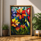This artwork features a vibrant stained glass style composition of various flowers including daisies and tulips with rich green leaves and a blue background. The design mimics colorful glass panels pieced together to create a botanical floral scene with bold outlines and vivid colors.