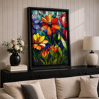 This artwork features a vibrant stained glass style composition of various flowers including daisies and tulips with rich green leaves and a blue background. The design mimics colorful glass panels pieced together to create a botanical floral scene with bold outlines and vivid colors.