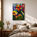 This artwork features a vibrant stained glass style composition of various flowers including daisies and tulips with rich green leaves and a blue background. The design mimics colorful glass panels pieced together to create a botanical floral scene with bold outlines and vivid colors.