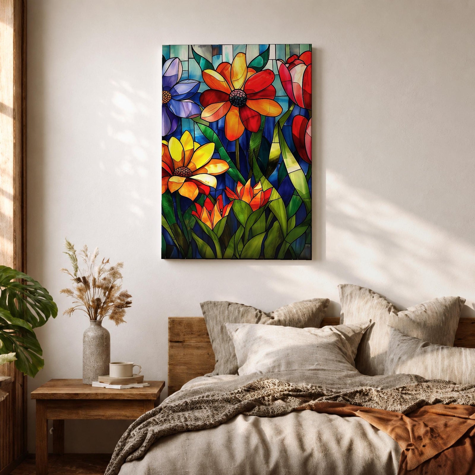 This artwork features a vibrant stained glass style composition of various flowers including daisies and tulips with rich green leaves and a blue background. The design mimics colorful glass panels pieced together to create a botanical floral scene with bold outlines and vivid colors.
