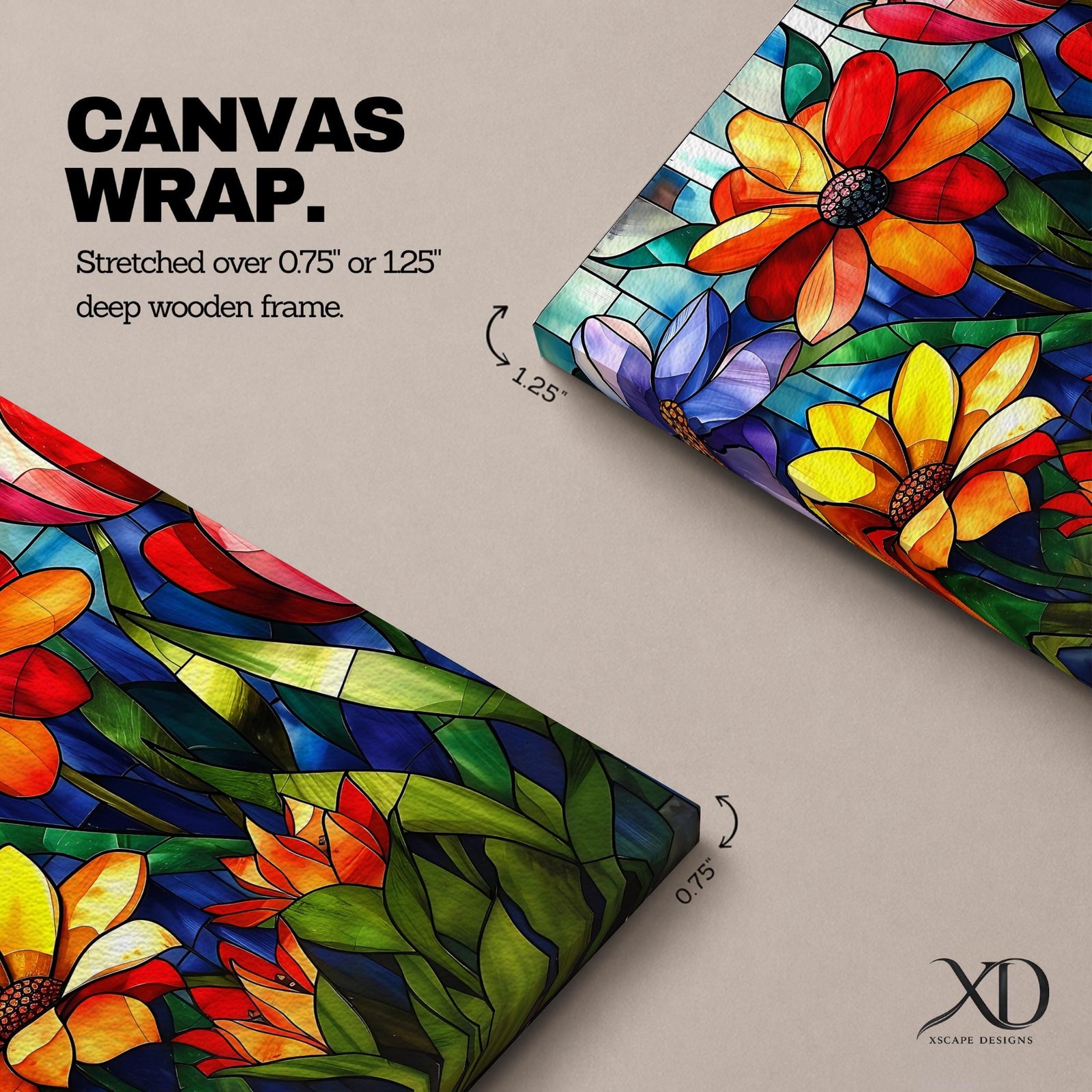 This artwork features a vibrant stained glass style composition of various flowers including daisies and tulips with rich green leaves and a blue background. The design mimics colorful glass panels pieced together to create a botanical floral scene with bold outlines and vivid colors.