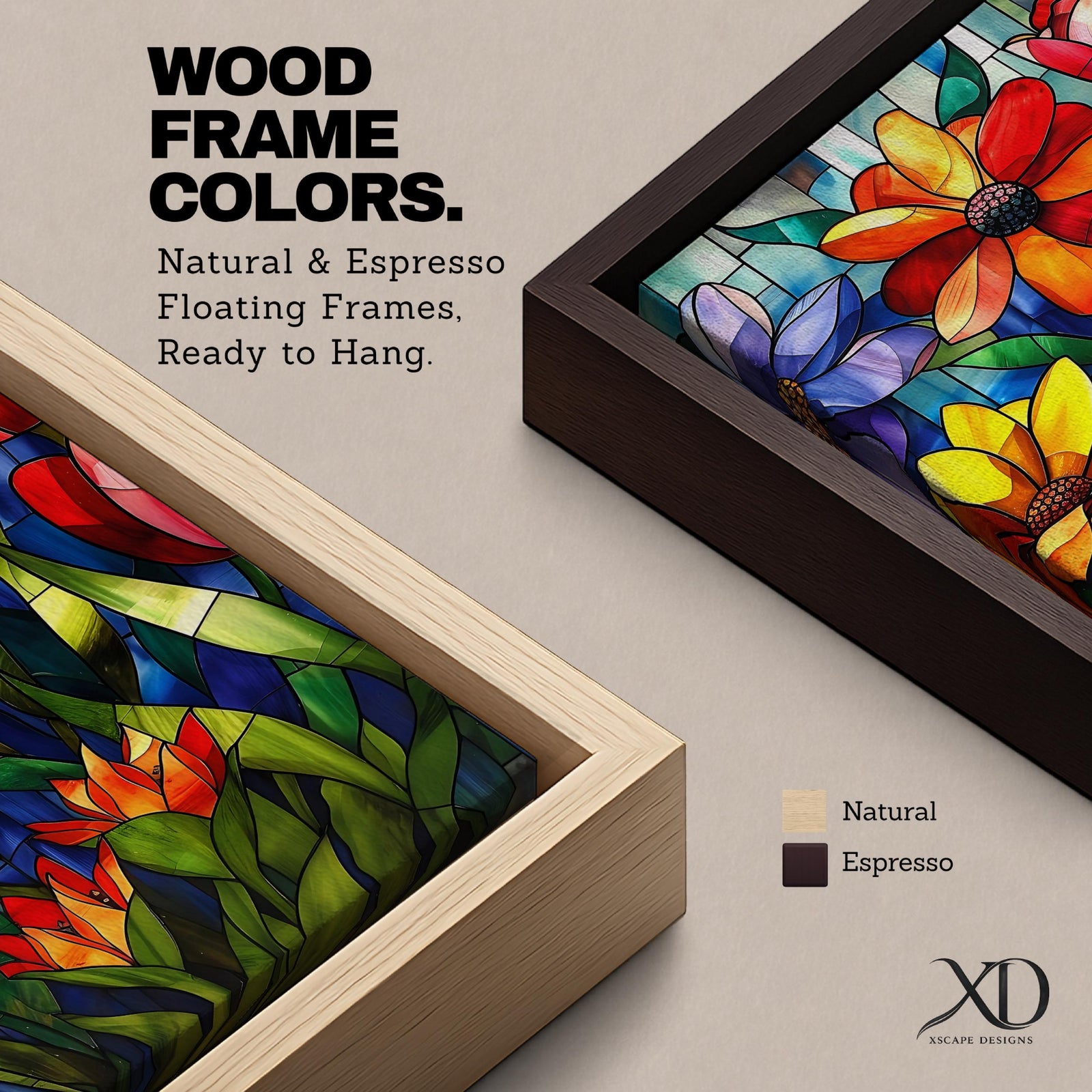 This artwork features a vibrant stained glass style composition of various flowers including daisies and tulips with rich green leaves and a blue background. The design mimics colorful glass panels pieced together to create a botanical floral scene with bold outlines and vivid colors.