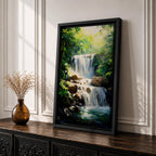 A framed canvas painting of a tropical waterfall cascading over rocks surrounded by lush green forest foliage, rendered in a realistic style with detailed water flow and vibrant natural elements, capturing the serene beauty of a forest landscape.