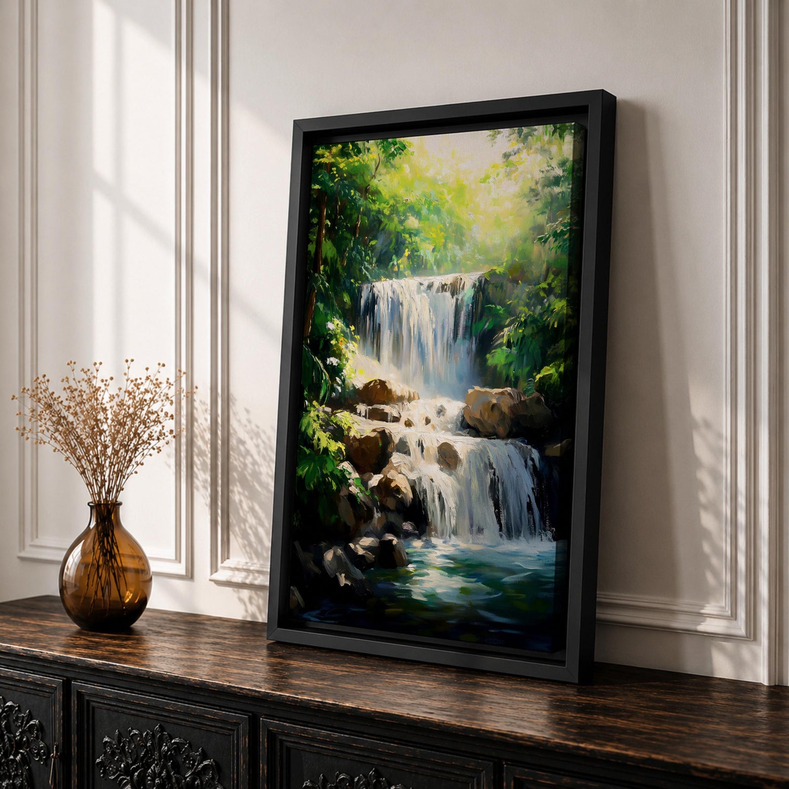 A framed canvas painting of a tropical waterfall cascading over rocks surrounded by lush green forest foliage, rendered in a realistic style with detailed water flow and vibrant natural elements, capturing the serene beauty of a forest landscape.