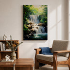 A framed canvas painting of a tropical waterfall cascading over rocks surrounded by lush green forest foliage, rendered in a realistic style with detailed water flow and vibrant natural elements, capturing the serene beauty of a forest landscape.